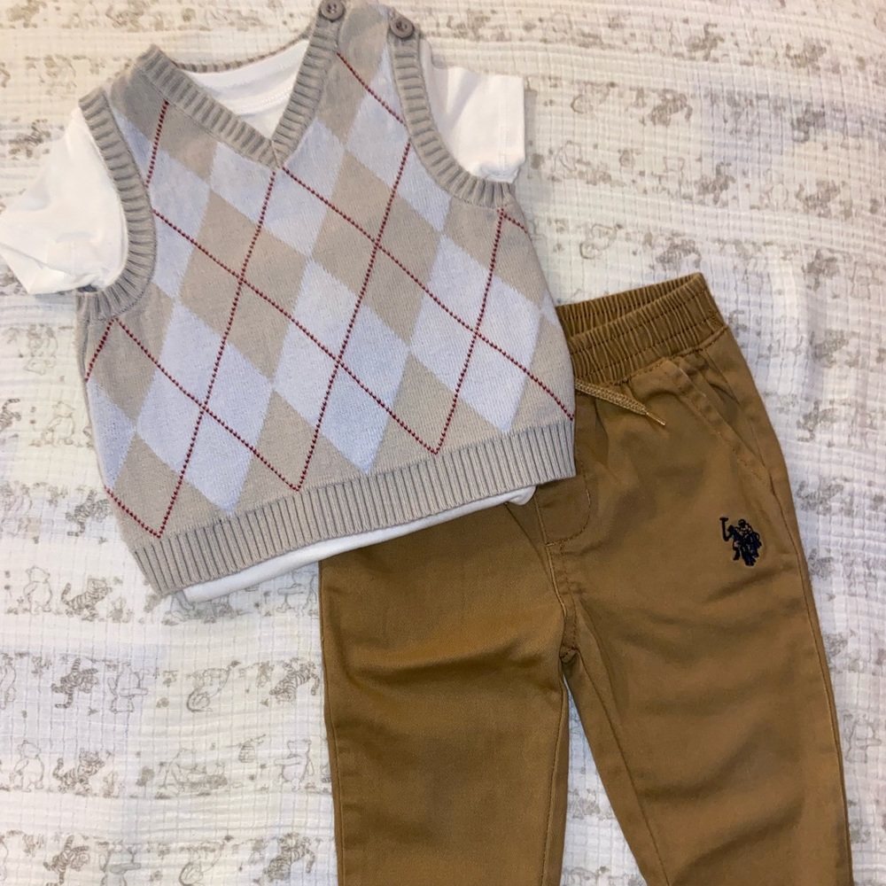 Boys size 12mo’s Polo pants with matching shirt and onesie underneath. EUC